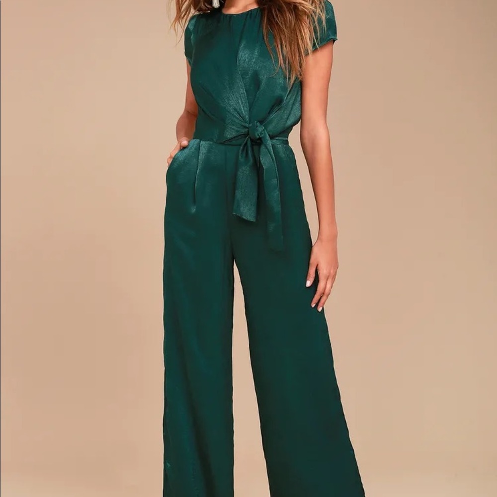 Lulu’s Forest Green Satin Wide-Leg Jumpsuit